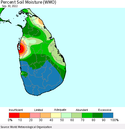 Sri Lanka Percent Soil Moisture (WMO) Thematic Map For 9/26/2022 - 9/30/2022
