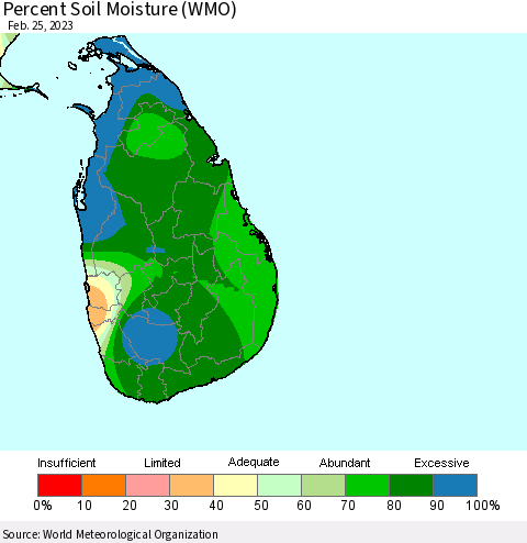 Sri Lanka Percent Soil Moisture (WMO) Thematic Map For 2/21/2023 - 2/25/2023