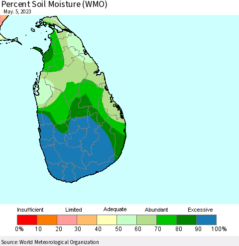 Sri Lanka Percent Soil Moisture (WMO) Thematic Map For 5/1/2023 - 5/5/2023