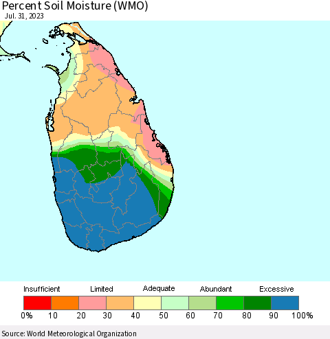 Sri Lanka Percent Soil Moisture (WMO) Thematic Map For 7/26/2023 - 7/31/2023