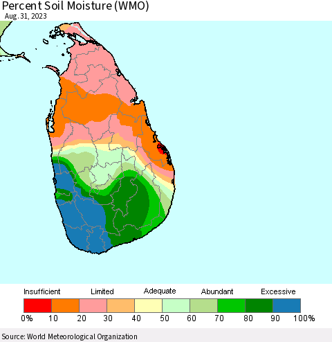 Sri Lanka Percent Soil Moisture (WMO) Thematic Map For 8/26/2023 - 8/31/2023