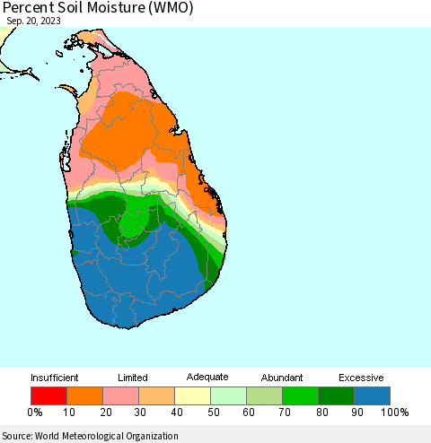 Sri Lanka Percent Soil Moisture (WMO) Thematic Map For 9/16/2023 - 9/20/2023