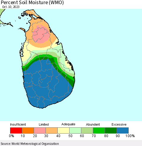 Sri Lanka Percent Soil Moisture (WMO) Thematic Map For 10/6/2023 - 10/10/2023