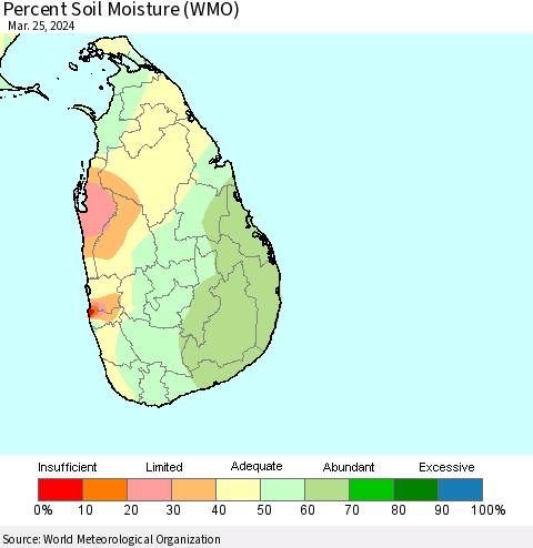 Sri Lanka Percent Soil Moisture (WMO) Thematic Map For 3/21/2024 - 3/25/2024