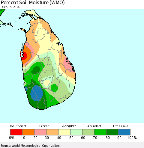 Sri Lanka Percent Soil Moisture (WMO) Thematic Map For 10/11/2024 - 10/15/2024
