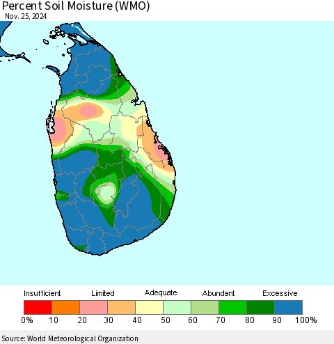 Sri Lanka Percent Soil Moisture (WMO) Thematic Map For 11/21/2024 - 11/25/2024