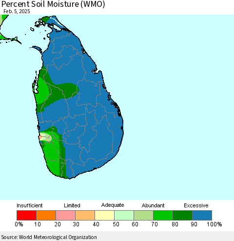 Sri Lanka Percent Soil Moisture (WMO) Thematic Map For 2/1/2025 - 2/5/2025