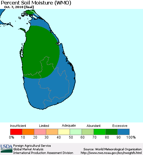Sri Lanka Percent Soil Moisture (WMO) Thematic Map For 10/1/2018 - 10/7/2018