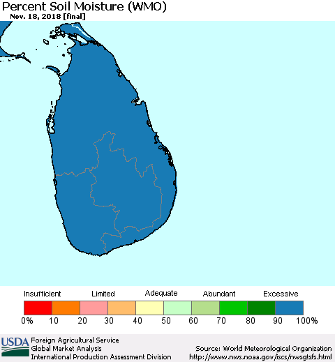 Sri Lanka Percent Soil Moisture (WMO) Thematic Map For 11/12/2018 - 11/18/2018