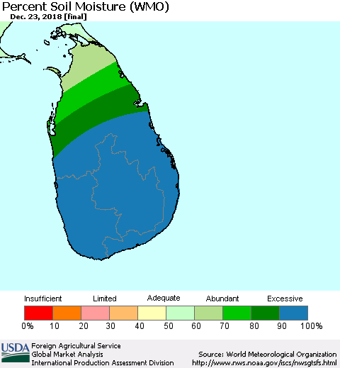 Sri Lanka Percent Soil Moisture (WMO) Thematic Map For 12/17/2018 - 12/23/2018