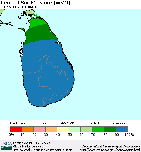Sri Lanka Percent Soil Moisture (WMO) Thematic Map For 12/24/2018 - 12/30/2018