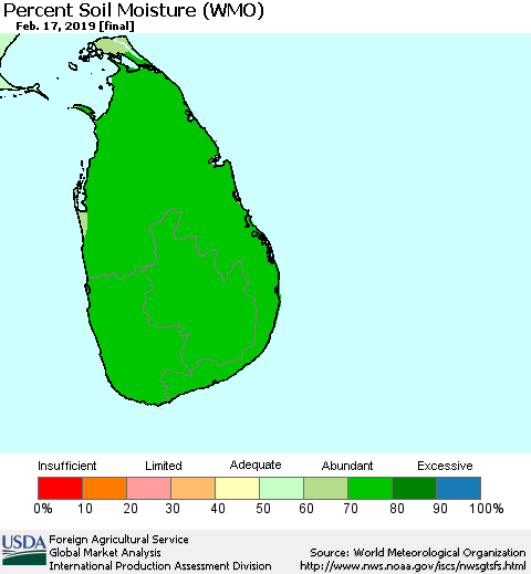 Sri Lanka Percent Soil Moisture (WMO) Thematic Map For 2/11/2019 - 2/17/2019