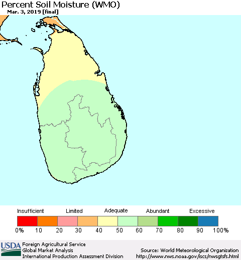 Sri Lanka Percent Soil Moisture (WMO) Thematic Map For 2/25/2019 - 3/3/2019