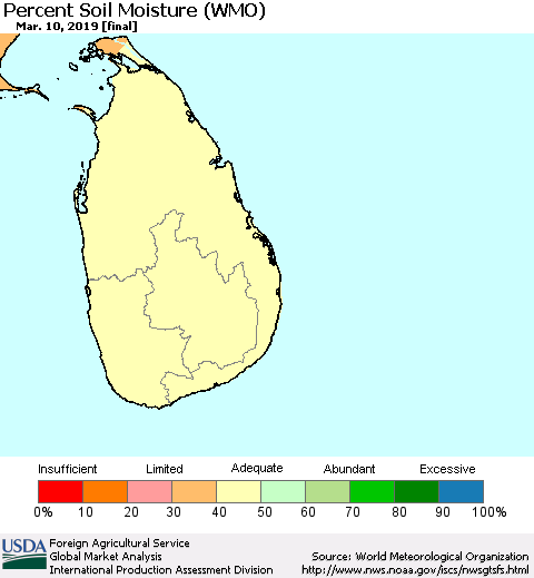 Sri Lanka Percent Soil Moisture (WMO) Thematic Map For 3/4/2019 - 3/10/2019