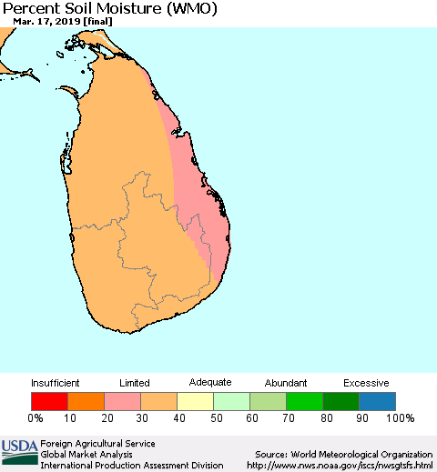 Sri Lanka Percent Soil Moisture (WMO) Thematic Map For 3/11/2019 - 3/17/2019