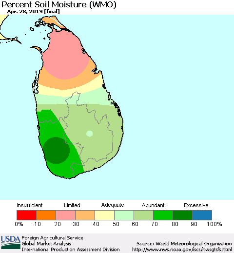 Sri Lanka Percent Soil Moisture (WMO) Thematic Map For 4/22/2019 - 4/28/2019