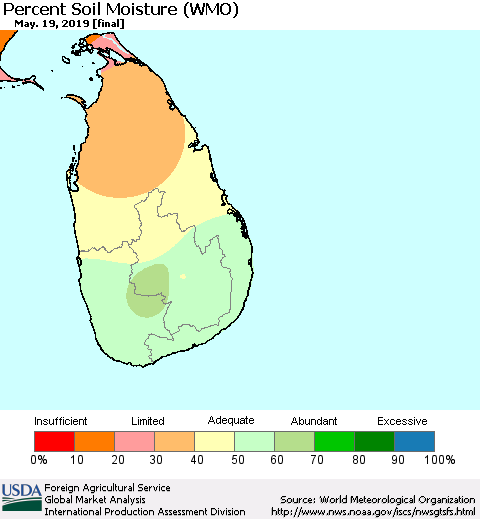 Sri Lanka Percent Soil Moisture (WMO) Thematic Map For 5/13/2019 - 5/19/2019