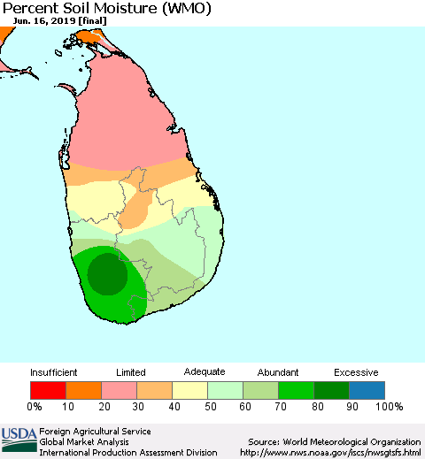 Sri Lanka Percent Soil Moisture (WMO) Thematic Map For 6/10/2019 - 6/16/2019
