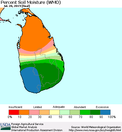 Sri Lanka Percent Soil Moisture (WMO) Thematic Map For 7/22/2019 - 7/28/2019