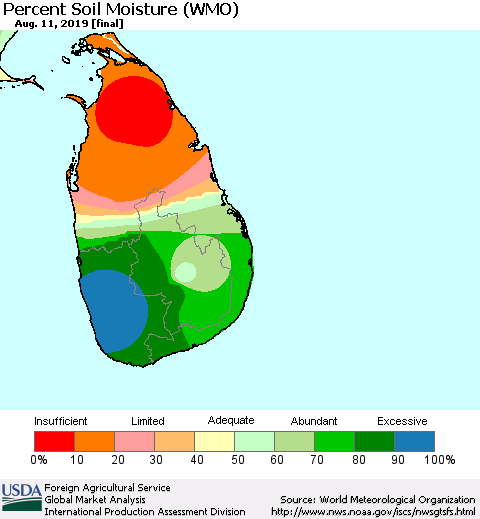 Sri Lanka Percent Soil Moisture (WMO) Thematic Map For 8/5/2019 - 8/11/2019