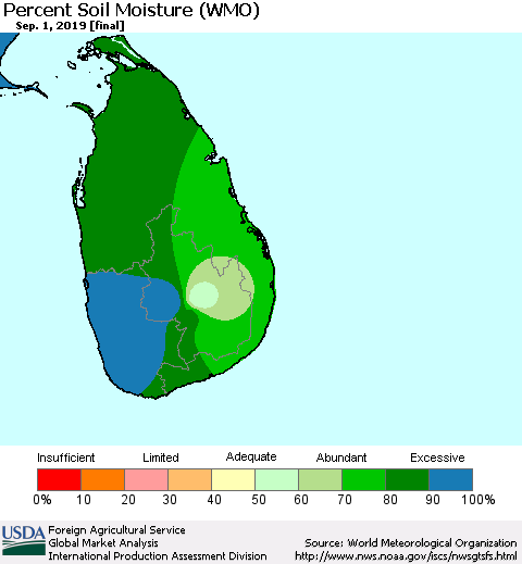 Sri Lanka Percent Soil Moisture (WMO) Thematic Map For 8/26/2019 - 9/1/2019