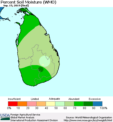 Sri Lanka Percent Soil Moisture (WMO) Thematic Map For 9/9/2019 - 9/15/2019