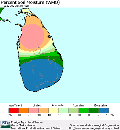Sri Lanka Percent Soil Moisture (WMO) Thematic Map For 9/16/2019 - 9/22/2019