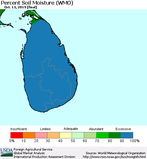 Sri Lanka Percent Soil Moisture (WMO) Thematic Map For 10/7/2019 - 10/13/2019