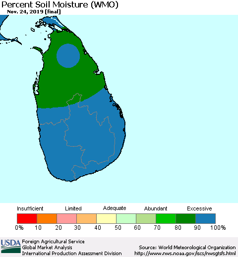 Sri Lanka Percent Soil Moisture (WMO) Thematic Map For 11/18/2019 - 11/24/2019