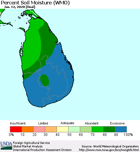 Sri Lanka Percent Soil Moisture (WMO) Thematic Map For 1/6/2020 - 1/12/2020