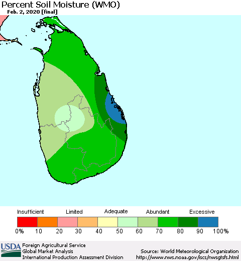 Sri Lanka Percent Soil Moisture (WMO) Thematic Map For 1/27/2020 - 2/2/2020