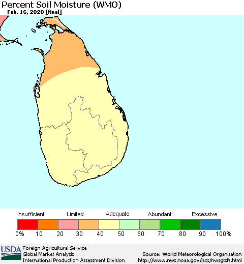 Sri Lanka Percent Soil Moisture (WMO) Thematic Map For 2/10/2020 - 2/16/2020