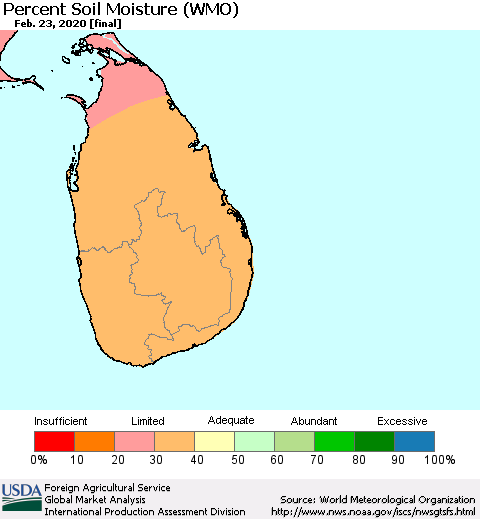 Sri Lanka Percent Soil Moisture (WMO) Thematic Map For 2/17/2020 - 2/23/2020