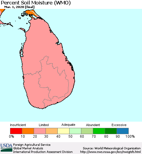 Sri Lanka Percent Soil Moisture (WMO) Thematic Map For 2/24/2020 - 3/1/2020