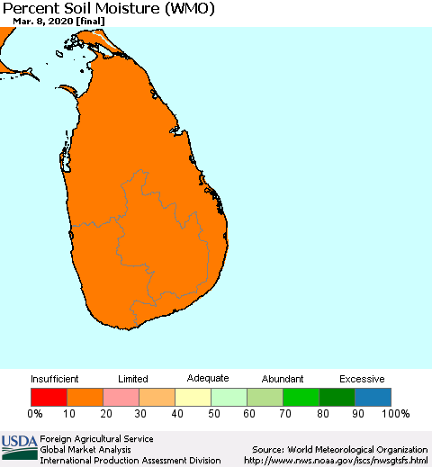 Sri Lanka Percent Soil Moisture (WMO) Thematic Map For 3/2/2020 - 3/8/2020