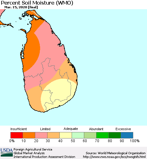 Sri Lanka Percent Soil Moisture (WMO) Thematic Map For 3/9/2020 - 3/15/2020