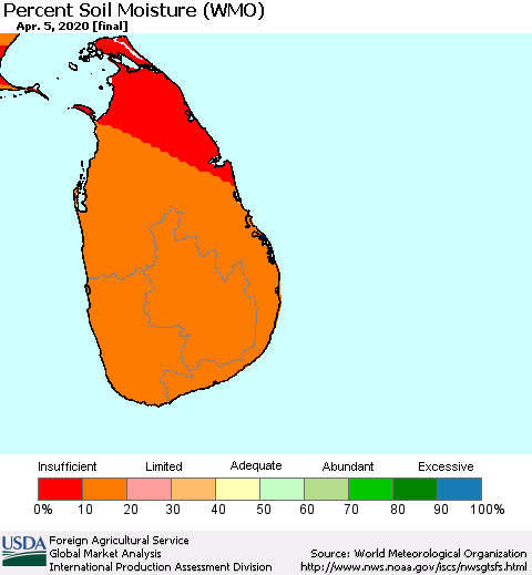 Sri Lanka Percent Soil Moisture (WMO) Thematic Map For 3/30/2020 - 4/5/2020