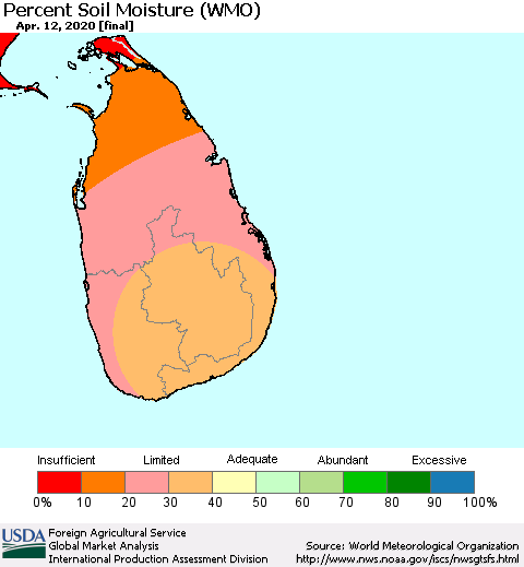 Sri Lanka Percent Soil Moisture (WMO) Thematic Map For 4/6/2020 - 4/12/2020
