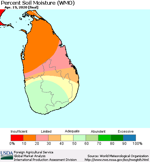 Sri Lanka Percent Soil Moisture (WMO) Thematic Map For 4/13/2020 - 4/19/2020
