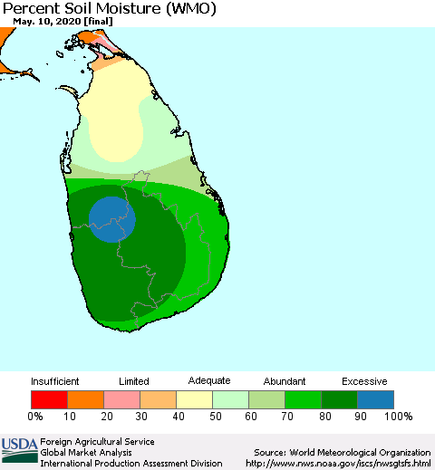 Sri Lanka Percent Soil Moisture (WMO) Thematic Map For 5/4/2020 - 5/10/2020