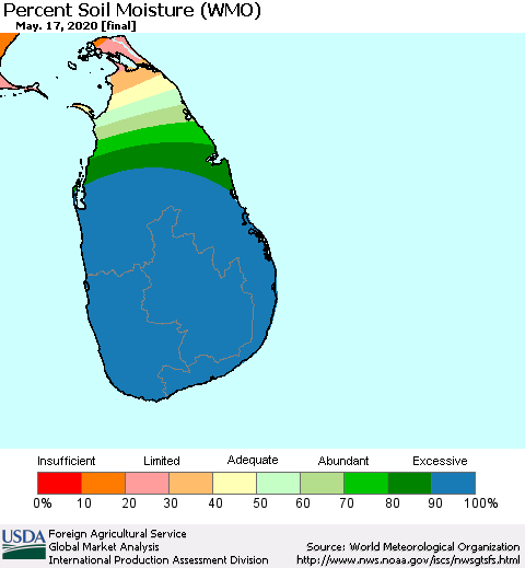 Sri Lanka Percent Soil Moisture (WMO) Thematic Map For 5/11/2020 - 5/17/2020