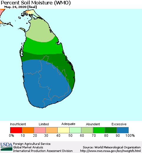 Sri Lanka Percent Soil Moisture (WMO) Thematic Map For 5/18/2020 - 5/24/2020