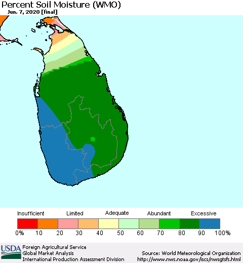 Sri Lanka Percent Soil Moisture (WMO) Thematic Map For 6/1/2020 - 6/7/2020