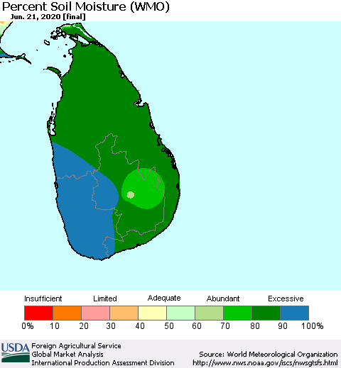 Sri Lanka Percent Soil Moisture (WMO) Thematic Map For 6/15/2020 - 6/21/2020