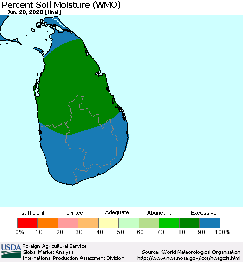Sri Lanka Percent Soil Moisture (WMO) Thematic Map For 6/22/2020 - 6/28/2020