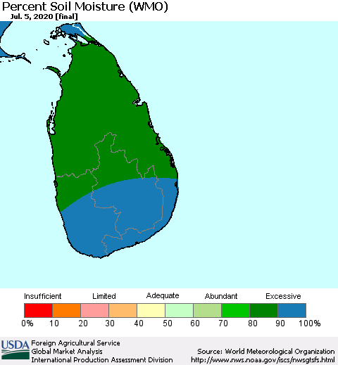 Sri Lanka Percent Soil Moisture (WMO) Thematic Map For 6/29/2020 - 7/5/2020