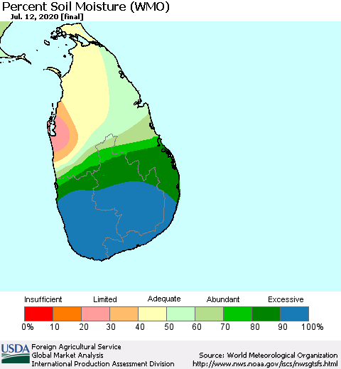 Sri Lanka Percent Soil Moisture (WMO) Thematic Map For 7/6/2020 - 7/12/2020