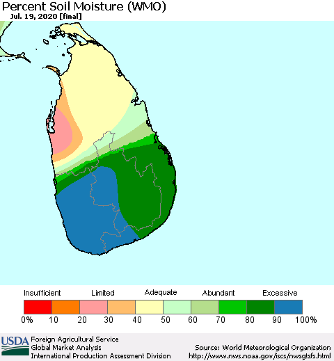 Sri Lanka Percent Soil Moisture (WMO) Thematic Map For 7/13/2020 - 7/19/2020