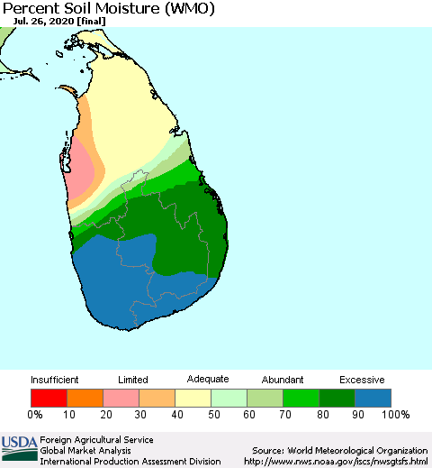 Sri Lanka Percent Soil Moisture (WMO) Thematic Map For 7/20/2020 - 7/26/2020
