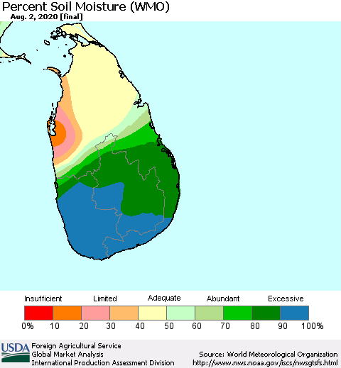 Sri Lanka Percent Soil Moisture (WMO) Thematic Map For 7/27/2020 - 8/2/2020